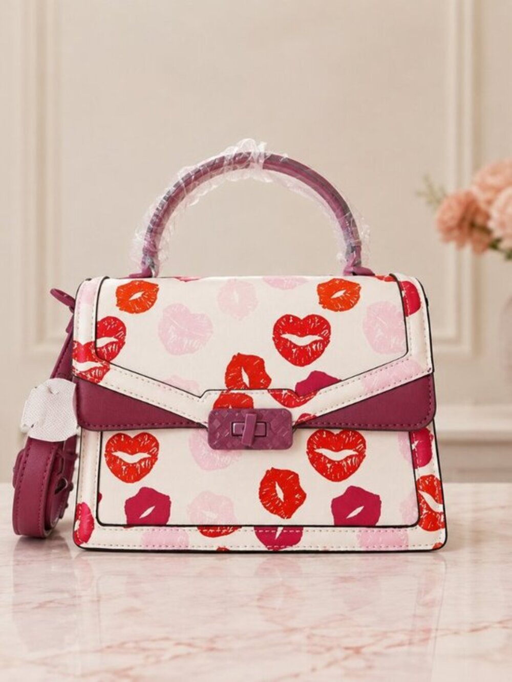 ALDO Lips Print Satchel Bag Crossbody Strap Multicolor Kiss NWT